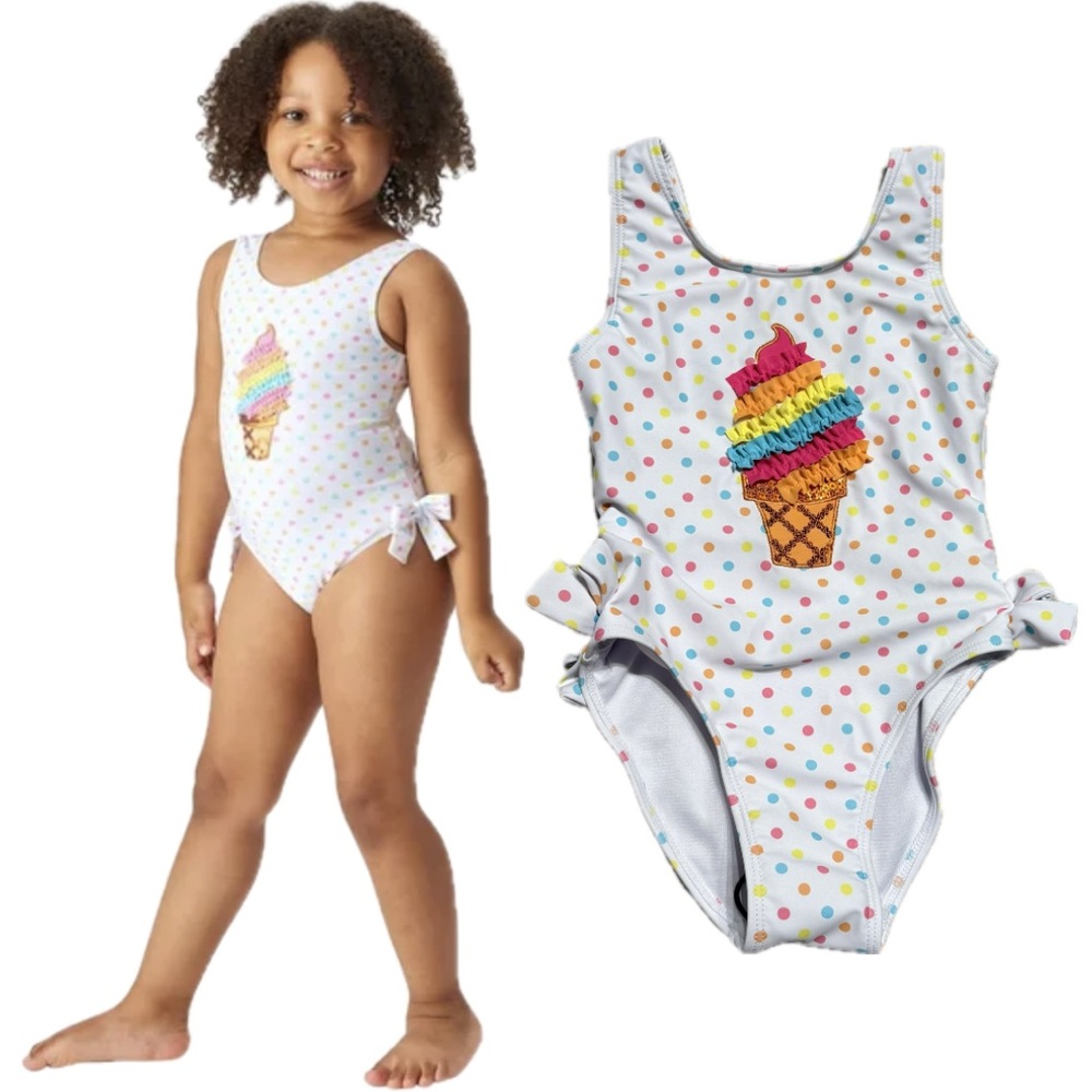 Flapdoodles Kids One Piece Swimsuit Polka dot & Colorful Ice Cream Print Girls 5